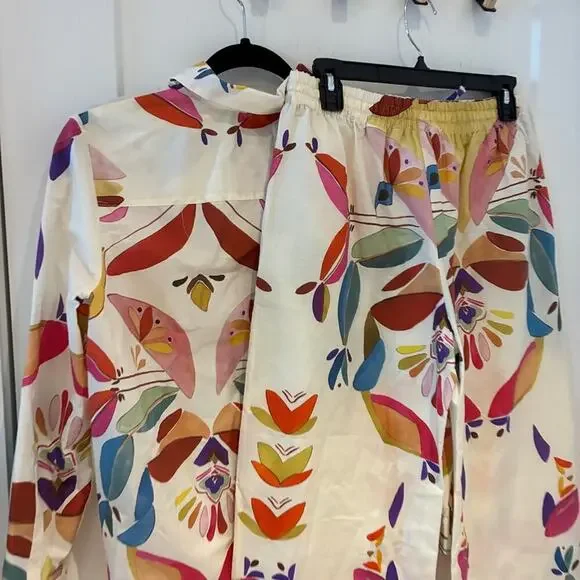 Zara Cream Printed Poplin Shirt and Wide Leg Pants Set Small - Picture 5 of 12